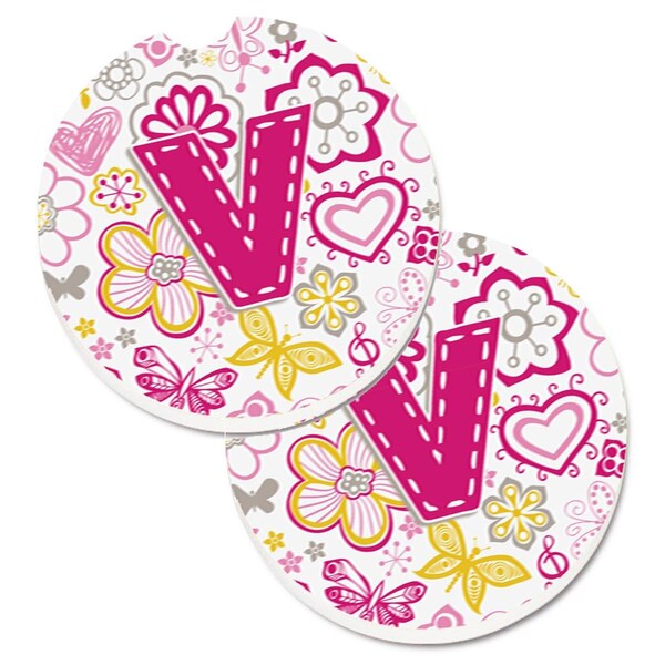 Carolines Treasures Letter V Flowers and Butterflies Pink Cup Holder Car Coaster, PK2 CJ2005-VCARC - main